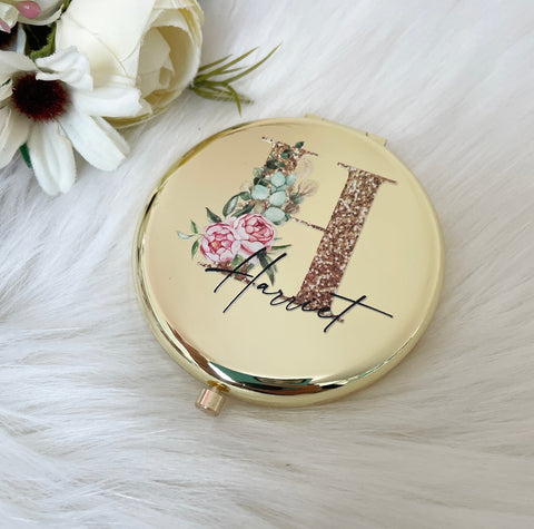 Round Compact Pocket Mirror - Initial Printed Design