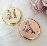 Round Compact Pocket Mirror - Initial Printed Design